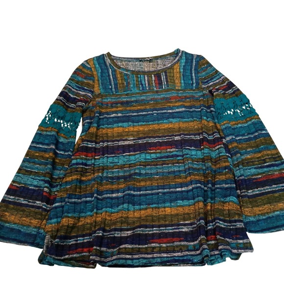 Tops - Boho Striped Crochet Bell Sleeve Tunic Top Women's Multicolored